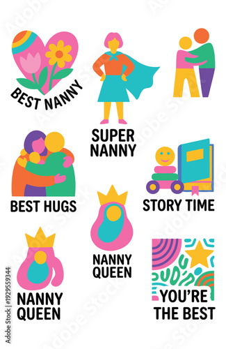 Set of Best Nanny Vector Stickers in Flat Colorful Style