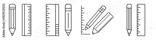 Black and white line art illustration of school and office supplies