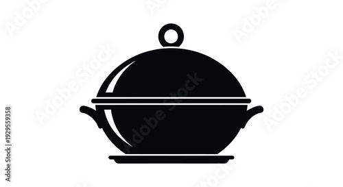 A stark black silhouette depicts a covered serving dish with handles and base a simple kitchen object silhouette