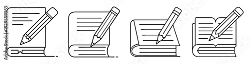 Set of four monochrome line art illustrations of books with pencils