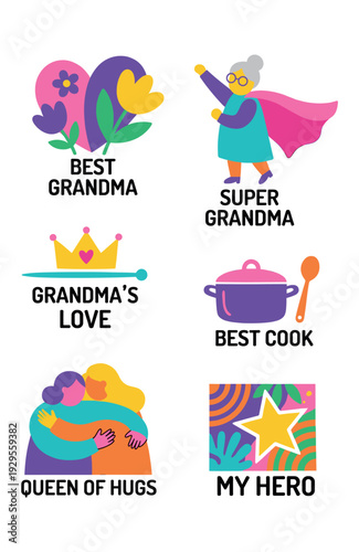 Set of Best Grandma Vector Stickers in Flat Colorful Style