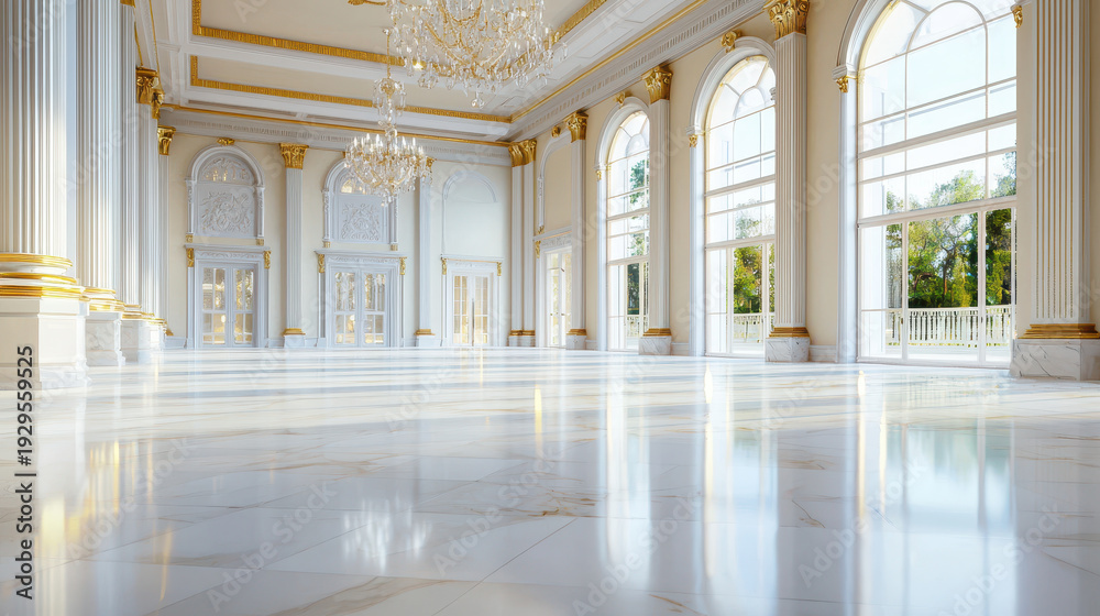 Fototapeta premium Grand neoclassical ballroom features elegant architecture, large windows, and polished marble floors, creating luxurious atmosphere