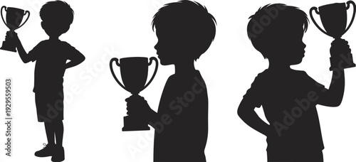 Silhouette children holding trophies celebrating victory success, kids winning competition award ceremony, joyful champions recognition, youth triumph celebration isolated vector illustration design