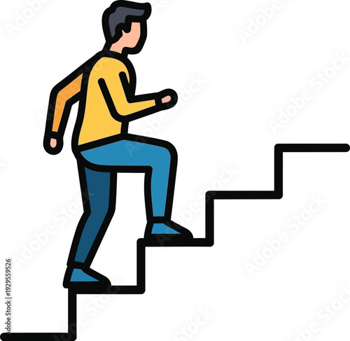 Person in yellow shirt energetically climbs simple outlined stairs toward.