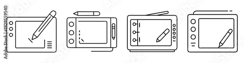 Four drawing tablet illustrations showcasing different configurations and pen placements in black and white
