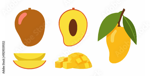 Tropical mango whole and sliced decorative flat vector collection