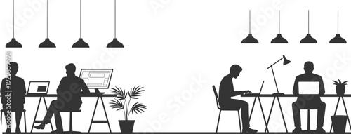 Silhouette office workspace with people using laptops and computers, minimalist modern design vector illustration, productivity teamwork environment isolated black figure composition