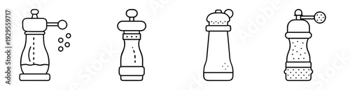 Line art illustration of a series of salt and pepper shakers