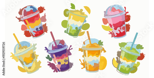 Plastic smoothie cups with fruit splash summer drink vector collection