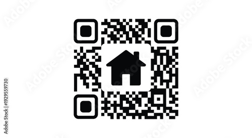 A complex black and white qr code design incorporates a simple house silhouette at its center creating a unique graphic silhouette
