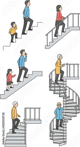 Generations ascend different staircases showing family progression.