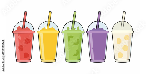 Transparent plastic smoothie cups with fruit shakes vector set