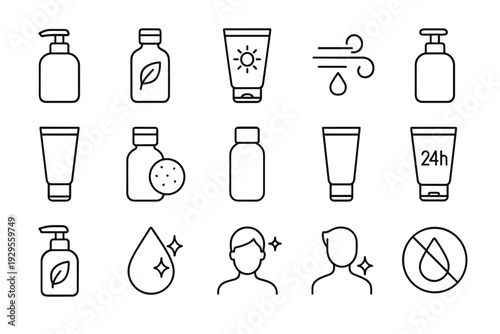 set of hand drawn skincare and personal care icons with bottles tubes drops and faces