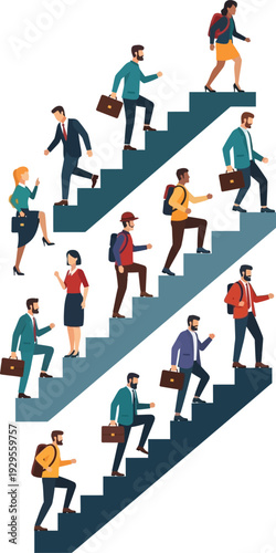 Diverse professionals ascend steep stairs symbolizing corporate growth.
