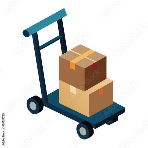 Isometric illustration of a delivery hand truck carrying two brown cardboard shipping boxes