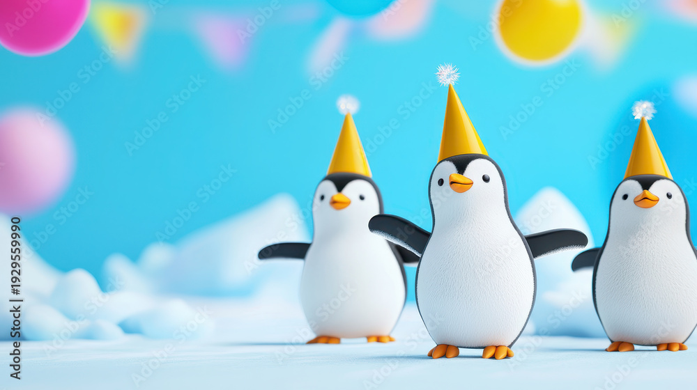 Obraz premium Group of animated penguins celebrating with party hats in festive setting, conveying joy and fun