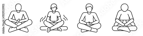 Four distinct depictions of individuals in meditative seated positions outlined in black