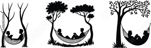 Romantic couple silhouettes relaxing in hammocks under trees, peaceful nature scene, love and togetherness concept, vector illustration for lifestyle, travel, outdoor leisure, and relationship themes