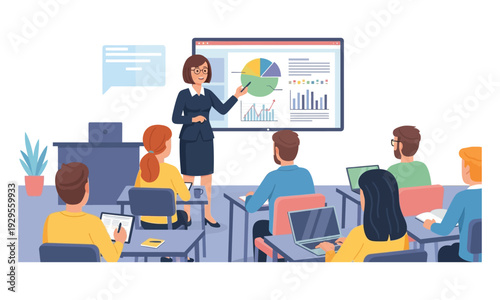 Woman presenting data analysis to colleagues in a modern office setting