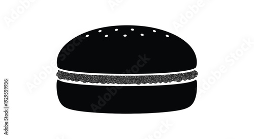 A striking black silhouette depicts a classic hamburger with visible layers showcasing a simple culinary form silhouette high quality