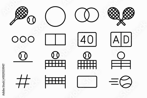 tennis sport simple hand drawn line art icons set with ball racket net and score symbols