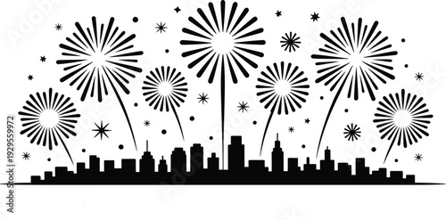 WebBlack and White City Skyline Silhouette with Fireworks Display and Stars Minimalist Vector Illustration for New Year Eve Celebration Independence Day and Festive Events