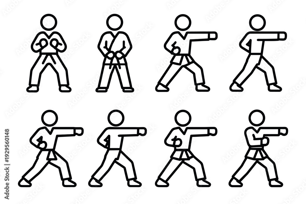 Fototapeta premium karate stick figure icons set showing different fighting and punching poses hand drawn line art