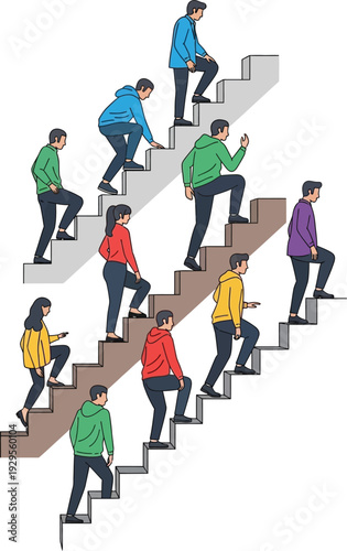 Group of diverse people collectively ascend multiple staircases toward an.