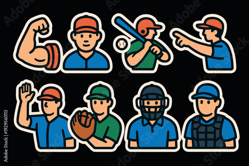 baseball player and arm muscle hand drawn cartoon icons set