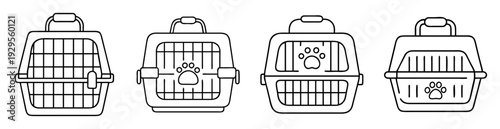 Four distinct pet carrier designs in a simple black and white line art