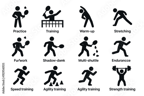 badminton sports training icon set with hand drawn style for fitness exercises and practice