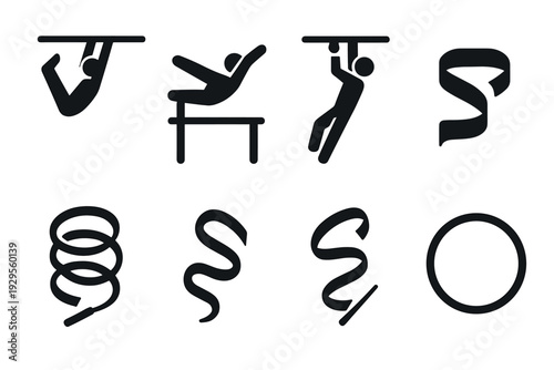 black simple stick figure person doing parkour and different spiral shapes hand drawn icons set