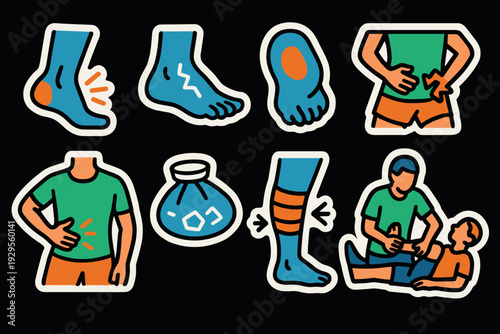set of hand drawn foot and leg pain injury icons with therapy and treatment illustrations