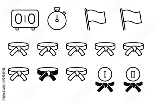martial arts belt icons and competition timer scoreboard collection in line art style