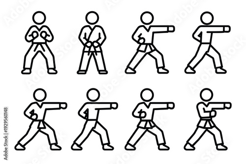 karate stick figure icons set showing different fighting and punching poses hand drawn line art