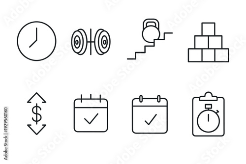 set of fitness and time management hand drawn outline icons with clock dumbbell kettlebell boxes calendar and stopwatch