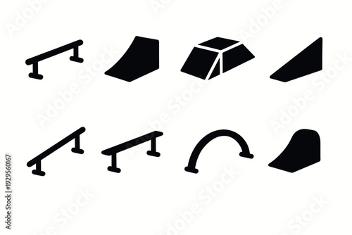 skateboard park obstacles set silhouette icons in simple black style for sports and recreation design