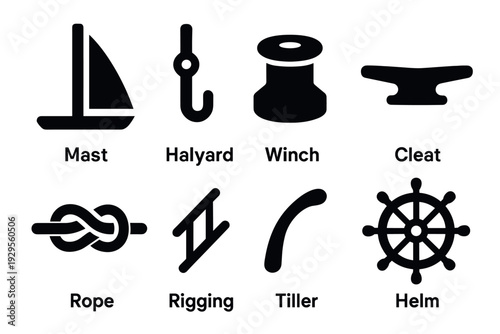 set of nautical sailboat parts and accessories black silhouette icons hand drawn collection for marine and sailing design
