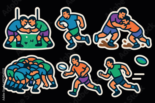 rugby players in hand drawn colorful stickers with running passing tackling scrum and match scenes