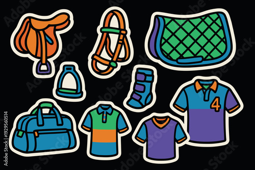 colorful hand drawn horse riding equipment and clothing icons set in modern style