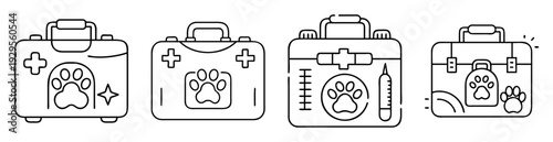 Collection of stylized veterinary first aid kits with paw print designs in black and white