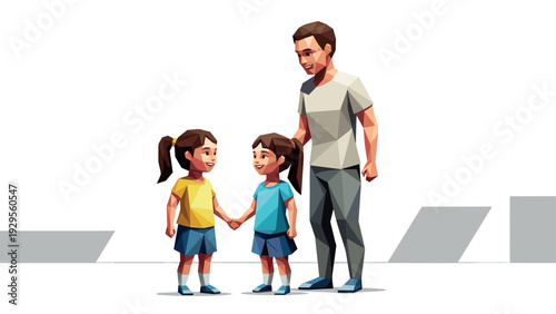 father with two smiling daughters holding hands geometric low poly style family concept illustration