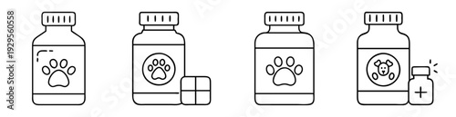 Outline illustration of pet medicine bottles with paw prints and dog icon
