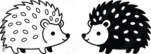 Two Cute Hand Drawn Hedgehog Vector Icons Set in Black and White Outline Style Isolated on White Background for Kids Design