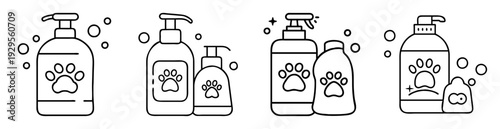 Vector illustration of various bottles for pet hygiene products with paw prints