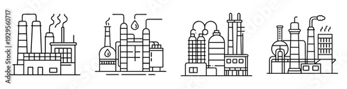Outline Illustrations of Various Factory and Industrial Plant Designs on White Background