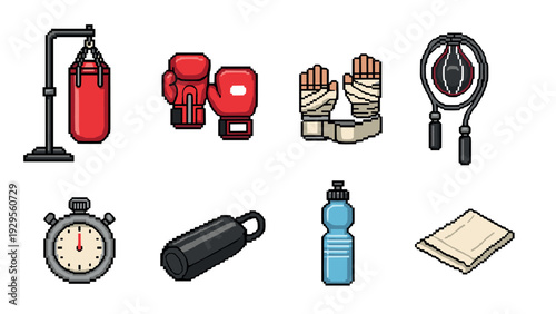 pixel art boxing equipment set including punching bag gloves hand wraps speed bag stopwatch water bottle and towel