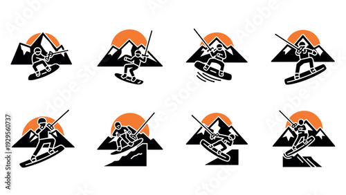 kiteboarding mountain sport icon set hand drawn vector illustrations with orange sun background