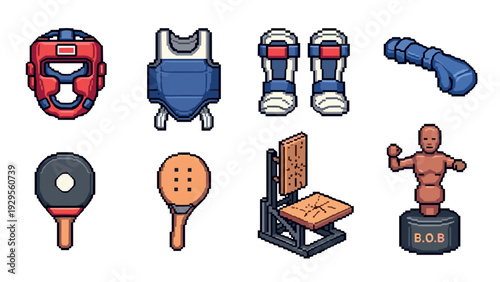 set of pixel art boxing equipment and training tools with headguard shin guards paddles and dummy in retro style