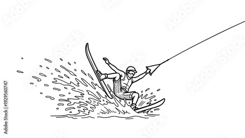 man water skiing with rope hand drawn line art illustration active sport recreation